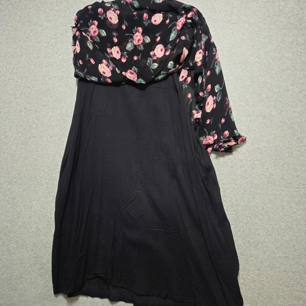 LOLA P Womens Midi Dress Medium Black Pink Floral Ruffle Hem 90s Y2K Cottagecore